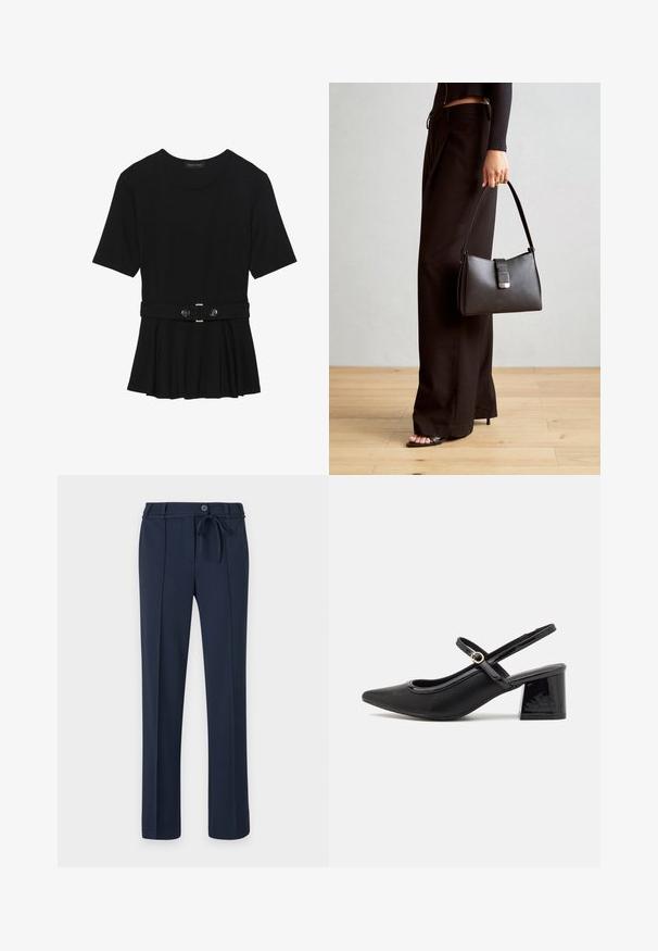 Schwarzes Kurzarmoberteil aus glattem Material, mit einem Peplum-Design und einem taillierten Bund, der mit zwei runden, silberfarbenen Knöpfen ausgestattet ist.; Marineblaue Hosen aus glattem Stoff, mit einem Kordelzugbund, vorderen Falten und geradem Bein. Keine Taschen oder auffälligen Muster.; Schwarze Lackleder-Slingback-Absätze mit spitzer Zehenform, einem runden Ausschnitt-Design und einem Blockabsatz. Mit einem goldfarbenen Schnallenakzent.; Schwarze Handtasche mit strukturierter Form, glatter Textur und einem metallischen Verschluss. Kombiniert mit weiten schwarzen Hosen und offenen Sandalen auf einem Holzboden.