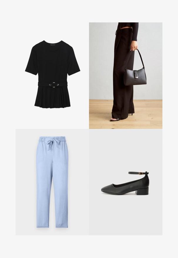 Black short-sleeve top made of smooth material, featuring a peplum design and a belted waist with two round, silver-tone buttons.; Light blue pants made of soft fabric with an elastic waistband, tie detail, and a relaxed fit. Straight legs with no additional embellishments.; Black leather pump with a pointed toe and a low block heel. Features an ankle strap with a gold-tone buckle. Smooth texture.; Black handbag with structured shape, smooth texture, and a metallic clasp. Paired with wide black pants and open-toe sandals on wooden floor.