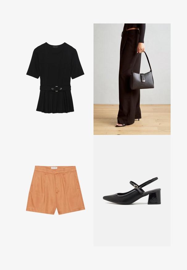 Czarna bluzka krótki rękaw wykonana z gładkiego materiału, z fasonem peplum i paskiem w talii z dwoma okrągłymi, srebrnymi guzikami.; Pomarańczowe plisowane szorty wykonane z gładkiego materiału, z zamkiem błyskawicznym z przodu, szlufkami na pasek i kieszeniami bocznymi. Metka mówi "ANNA FIELD."; Czarne lakierowane czółenka na słupku ze spiczastym noskiem, lekko zaokrąglonym wycięciem i obcasem w kształcie bloku. Posiadają złotą klamrę jako akcent dekoracyjny.; Czarna torebka o usztywnionym kształcie, gładkiej fakturze i metalowym zapięciem. Połączona z szerokimi czarnymi spodniami i sandałami na otwartym palcu na drewnianej podłodze.