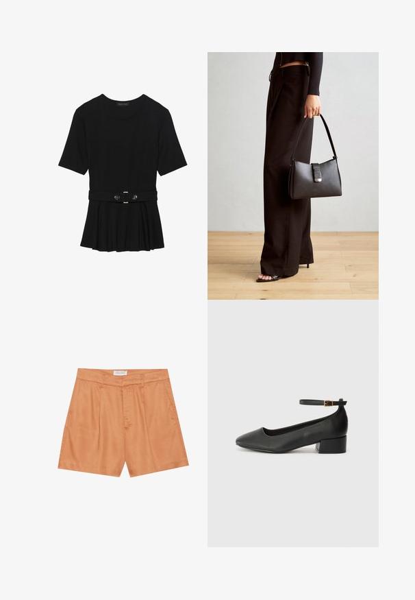 Musta lyhythihainen paita, joka on valmistettu sileästä materiaalista ja jossa on peplum-muotoilu sekä vyötäröllä vyö, jossa on kaksi pyöreää hopeanväristä nappia.; Oranssi laskoshousut, jotka on valmistettu sileästä kankaasta ja joissa on edessä vetoketju, vyölenkit ja sivutaskut. Tunnuslukee "ANNA FIELD."; Mustat nahkakengät, joissa on terävä kärki ja matala lohkare korko. Varustettu nilkkahihnalla, jossa on kultasävyinen solki. Lisää sileä pinta.; Musta käsilaukku, jossa on rakenteellinen muoto, sileä pinta ja metallinen solki. Yhdistetty leveisiin mustiin housuihin ja avonaiheisiin sandaaleihin puulattialla.