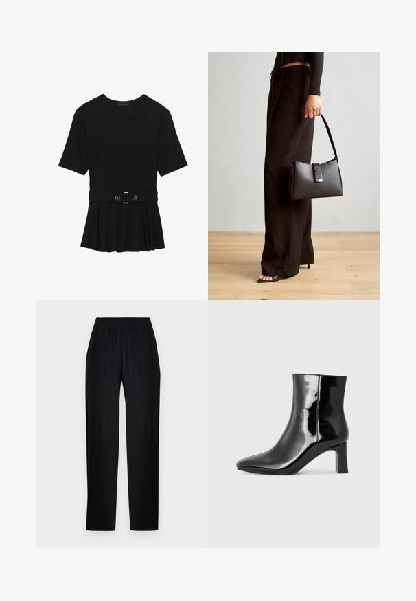 Schwarzes Kurzarmoberteil aus glattem Material, mit einem Peplum-Design und einem taillierten Bund, der mit zwei runden, silberfarbenen Knöpfen ausgestattet ist.; Schwarze, glatte Stoffhosen mit lockerer Passform, elastischem Bund und geraden Beinen. Keine sichtbaren Muster oder Akzente.; Schwarzer Lackleder-Stiefelette mit spitzer Zehe und einem mittelhohen Blockabsatz. Glatte Textur und minimalistisches Design.; Schwarze Handtasche mit strukturierter Form, glatter Textur und einem metallischen Verschluss. Kombiniert mit weiten schwarzen Hosen und offenen Sandalen auf einem Holzboden.