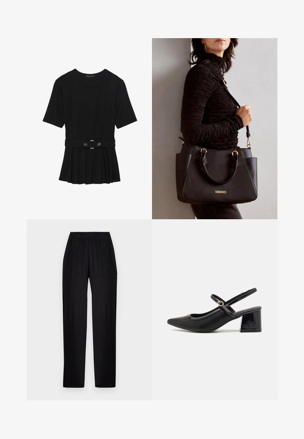 Haut noir à manches courtes fabriqué en matériau lisse, avec un design peplum et une taille ceinturée ornée de deux boutons ronds en métal argenté.; Pantalons en tissu noir, lisse, avec une coupe décontractée, une taille élastique et des jambes droites. Pas de motifs ou accents visibles.; Escarpins slingback en cuir verni noir avec un embout pointu, un design à découpes arrondies et un talon carré. Présente un accent de boucle en ton doré.; Sac à main noir avec surface texturée, deux poignées supérieures et bandoulière réglable. Doté de quincaillerie dorée et de poches latérales.