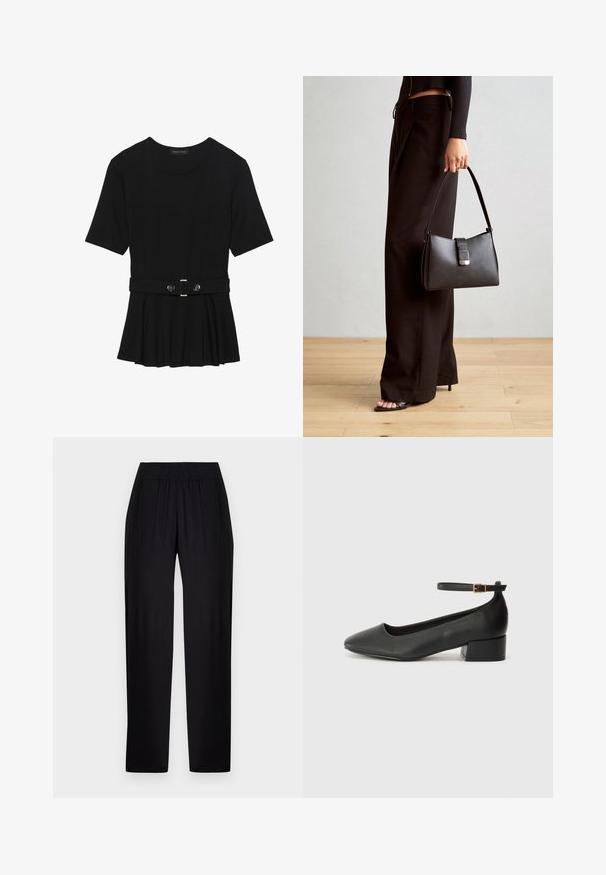 Top negro de manga corta fabricado en un material suave, con un diseño de peplum y una cintura ceñida con un cinturón que incluye dos botones redondos en tono plateado.; Pantalones de tela negra y suave con un corte relaxed fit, cinturilla elástica y pierna recta. Sin patrones ni acentos visibles.; Zapato de tacón negro de cuero con punta afilada y tacón bajo cuadrado. Presenta una correa para el tobillo con una hebilla en tono dorado. Textura suave.; Bolso negro con forma estructurada, textura suave y un cierre metálico. Combinado con pantalones anchos negros y sandalias de dedo en un suelo de madera.