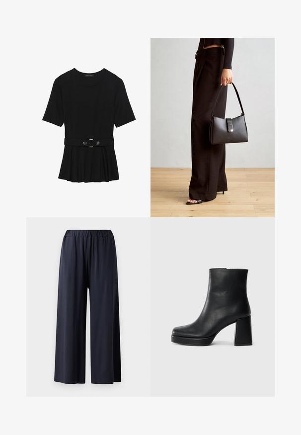 Top preto de mangas curtas, feito de material suave, com design peplum e uma cintura cinto com dois botões redondos em tom prateado.; Pantalões de perna larga em tecido azul-marinho escuro com cintura elástica, apresentando uma textura suave e um design até ao chão.; Bota de couro preta até ao tornozelo com salto bloco e sola com plataforma, vista de lado sobre um fundo branco liso.; Bolsa preta com forma estruturada, textura suave e um fecho metálico. Combinada com calças largas pretas e sandálias de salto aberto sobre um chão de madeira.