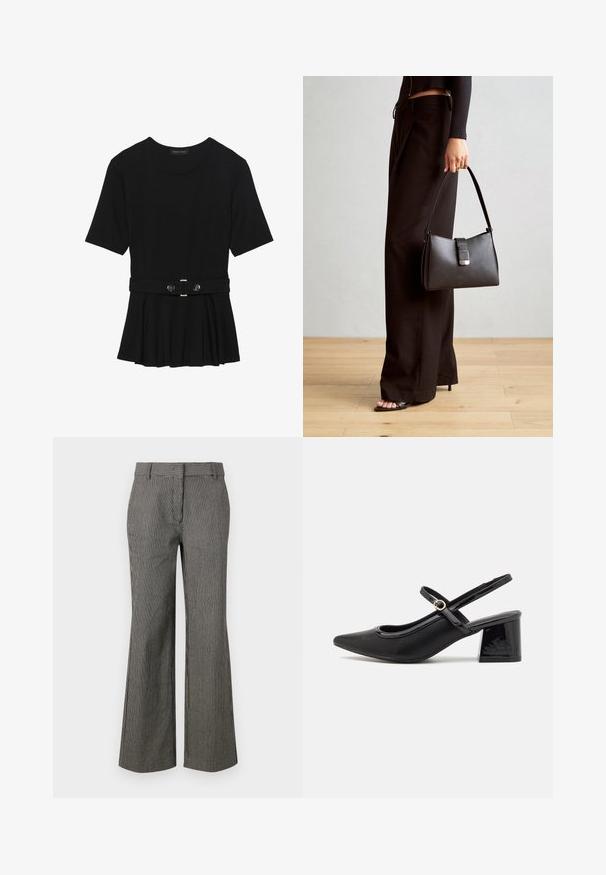 Črn kratek rokav srajca iz gladkega materiala, z obliko pepluma in pasom s pasom ter dvema okroglega srebrno-toniranima gumboma.; Črno-bele široke hlače z naramnicami. Narejene so iz lahkega materiala z gladko teksturo. Imajo pas in sprednje žepe.; Črne patentne usnjene salonarce s slingback obliko, s koničastim nosom, zaobljenim izrezom in blok peto. Imajo zlato kovinsko zaponko kot dodatno okrasje.; Črna torbica z strukturirano obliko, gladko teksturo in kovinskim zaponko. Ujemajo se z širokimi črnimi hlačami in odprtimi sandali na lesenem tleh.