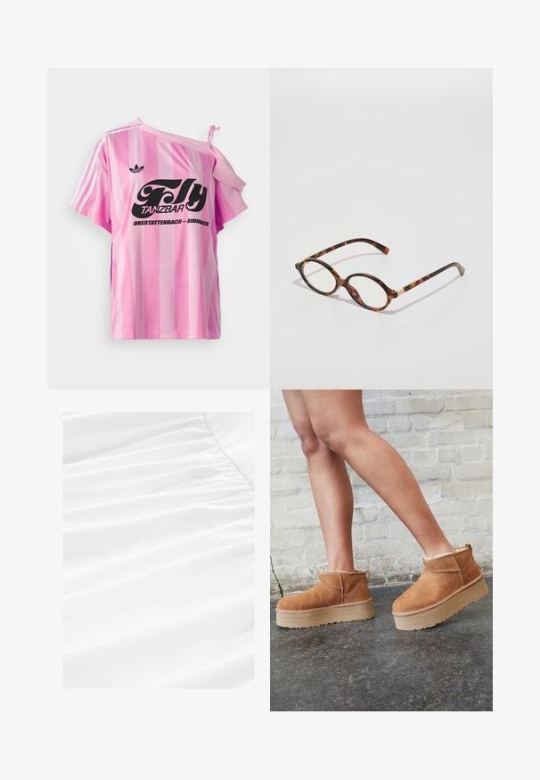 T-shirt a righe rosa con una spalla scoperta, dotata di testo grafico nero "Fly TANZBAR Obertattenbach – Birnbach" e tre righe bianche sulle maniche.; Tessuto bianco con morbida caduta e texture plissettata, caratterizzato da un materiale leggero e liscio in una presentazione pulita e nitida.; Stivali alla caviglia in suede marrone con una fodera morbida, suola platform spessa beige e un'asola posteriore. Superficie testurizzata con dettagli di cucitura ben visibili.; Occhiali da vista in tartaruga con montatura ovale, lenti trasparenti e dettagli dorati. Presentano tempie curve e una finitura liscia e lucida.; Borsa a spalla rosa realizzata in materiale testurizzato, con due manici lunghi e un logo impresso sul davanti. Chiusura superiore con zip.
