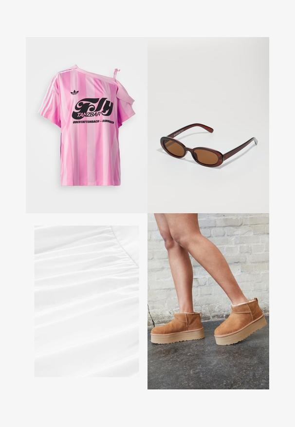Roze gestreepte T-shirt met één schouder bloot, met daarop zwarte grafische tekst "Fly TANZBAR Obertattenbach – Birnbach" en drie witte strepen op de mouwen.; Witte stof met zachte draping en geplooide textuur, met een glad materiaal dat lichtgewicht is en een schone, frisse uitstraling heeft.; Bruine suède enkelboots met een zachte voering, dikke beige plateauzool en een achterste lus. Getextureerde oppervlakte met zichtbare stiksels.; Ronde, bruin getinte zonnebril met een glanzend bordeauxrood frame. Slanke pootjes met subtiele merkdetails. Vlakke lensontwerp.; Roze draagtas gemaakt van textuurmateriaal, met twee lange handvatten en een opgedrukte logo aan de voorkant. Ritssluiting aan de bovenkant.