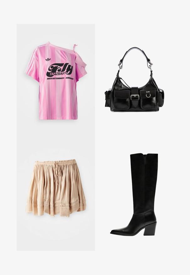 T-shirt a righe rosa con una spalla scoperta, dotata di testo grafico nero "Fly TANZBAR Obertattenbach – Birnbach" e tre righe bianche sulle maniche.; Gonna a strati di un beige chiaro realizzata in tessuto morbido con vita elastica e cordino regolabile, caratterizzata da pieghe sottili e dettagli cuciti.; Stivali neri al ginocchio in pelle liscia, con punta appuntita, tacco a blocco e un'apertura a forma di V nella parte superiore.; Borsa a mano in pelle nera con finitura lucida, dotata di una fibbia centrale, due tasche frontali e una tracolla corta.