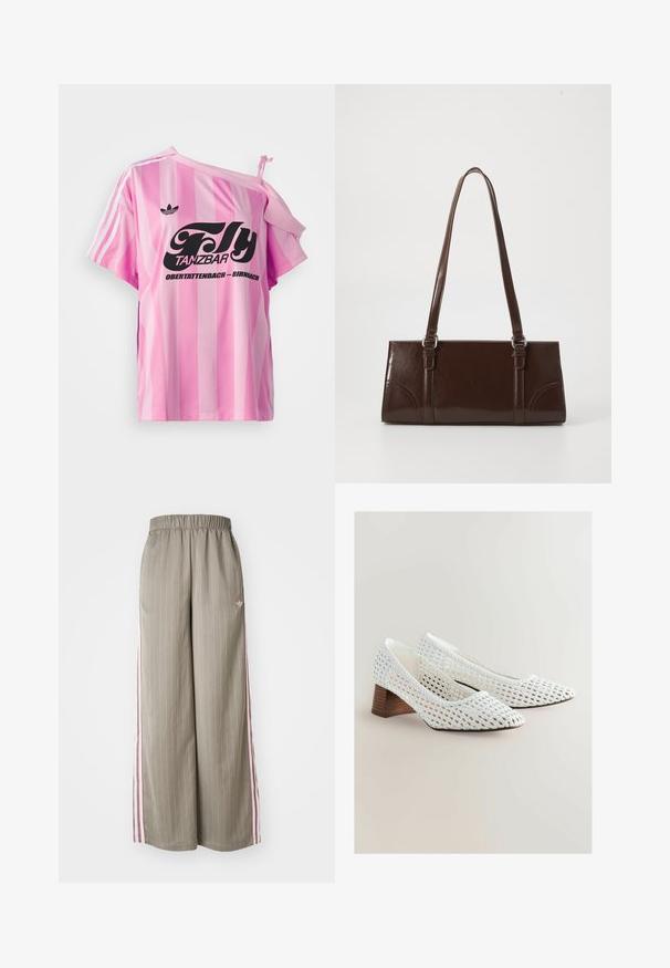 T-shirt rose rayé avec une épaule dénudée, arborant du texte graphique noir "Fly TANZBAR Obertattenbach – Birnbach" et trois bandes blanches sur les manches.; Pantalons larges vert olive clair avec des fines rayures verticales, taille élastique et rayures latérales roses. Un petit logo est présent sur la hanche.; Ballerines tissées blanches avec un bout pointu et un petit talon en bois. La texture est en tissage ouvert, mettant en valeur des motifs complexes.; Sac à main en cuir verni marron de forme rectangulaire, avec deux longues poignées et des accents courbés subtils à l'avant.; Boucles d'oreilles en argent présentant deux formes en goutte d'eau et deux formes arrondies, toutes avec une surface polie et réfléchissante et une texture lisse.