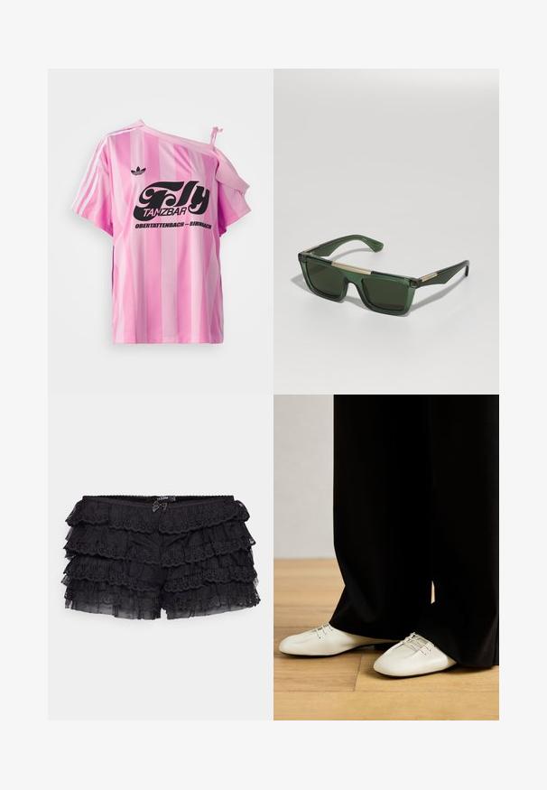 Tricou roz cu dungi, cu un umăr expus, având un text grafic negru "Fly TANZBAR Obertattenbach – Birnbach" și trei dungi albe pe mâneci.; Jaded London BLOOMER SHORTS - Pantaloni scurți - black; Pantofi din piele bej cu vârful rotunjit și şireturi decorative, asortați cu pantaloni negri largi, pe un podea din lemn.; Ochelari de soare verzi cu rama transparentă, formă rectangulară, lentile întunecate și un accent auriu pe bara de sprânceană.; Geantă de mână din piele neagră cu un finisaj lucios, având un bănuț central, două buzunare frontale și o curea scurtă pentru umăr.