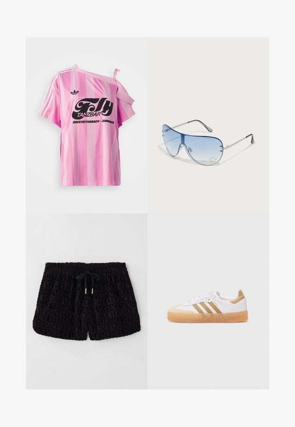 Pink striped t-shirt with one shoulder exposed, featuring black graphic text "Fly TANZBAR Obertattenbach – Birnbach" and three white stripes on sleeves.; Black shorts featuring a velvet texture with an all-over embossed Versace logo, elastic waistband, and a matching drawstring.; White sneaker with beige accents, featuring three stripes, a rounded toe, and a translucent gum sole. Smooth leather and textile materials.; Aviator sunglasses featuring a gradient blue lens, silver metal frame, and decorative star accents on the lens. Smooth and sleek design.