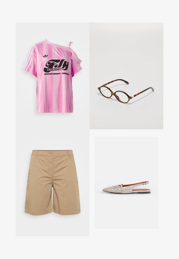 T-shirt rose rayé avec une épaule dénudée, arborant du texte graphique noir "Fly TANZBAR Obertattenbach – Birnbach" et trois bandes blanches sur les manches.; Shorts kaki en tissu doux mélangé de coton, avec une coupe droite, une fermeture à boutons et des poches avant.; Chaussure slingback beige clair avec un bout pointu, une texture en daim doux, ornée de deux boucles décoratives et d'un petit talon plat.; Lunettes en écaille de tortue avec monture ovale, verres transparents et accents dorés. Elles possèdent des branches courbées et une finition lisse et brillante.; COACH BROOKLYN SHOULDER BAG 23 - Sac à main - maple