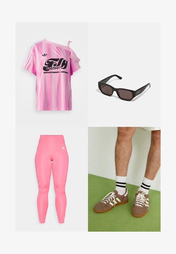 Różowa koszulka w paski z jednym odsłoniętym ramieniem, z czarnym napisem graficznym "Fly TANZBAR Obertattenbach – Birnbach" oraz trzema białymi paskami na rękawach.; Różowe legginsy z wysokim stanem o gładkiej, błyszczącej teksturze. Zawierają białe logo w trzech paskach po lewej stronie. Elastyczny pas.; Brązowe zamszowe sneakersy z białymi akcentami i sznurówkami. Gumowa, brązowa podeszwa. Noszone z białymi skarpetkami w czarne paski. Zielona teksturowana podłoga.; Czarne prostokątne okulary przeciwsłoneczne z ciemnymi soczewkami. Posiadają gładki plastikowy szkielet i detal z logo na zauszniku. Czysty, nowoczesny design.