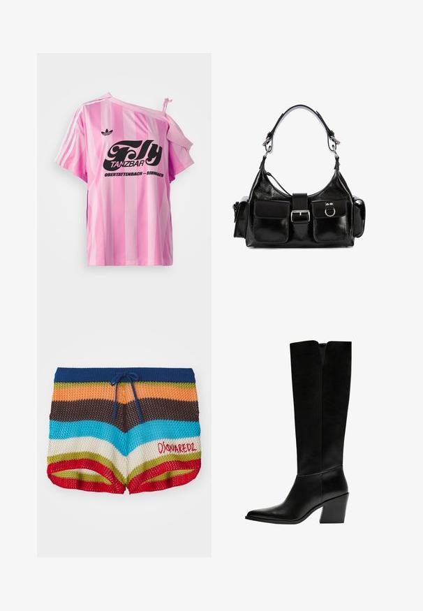 Tricou roz cu dungi, cu un umăr expus, având un text grafic negru "Fly TANZBAR Obertattenbach – Birnbach" și trei dungi albe pe mâneci.; Shorts tricotate cu dungi orizontale în nuanțe de albastru, portocaliu, maro, turcoaz, crem, verde și roșu, având un șnur albastru închis și un logo „Dsquared2” roșu.; Cizme negre până la genunchi, fabricate din piele netedă, cu vârf ascuțit, toc pătrat și o decupare în formă de V în partea de sus.; Geantă de mână din piele neagră cu un finisaj lucios, având un bănuț central, două buzunare frontale și o curea scurtă pentru umăr.