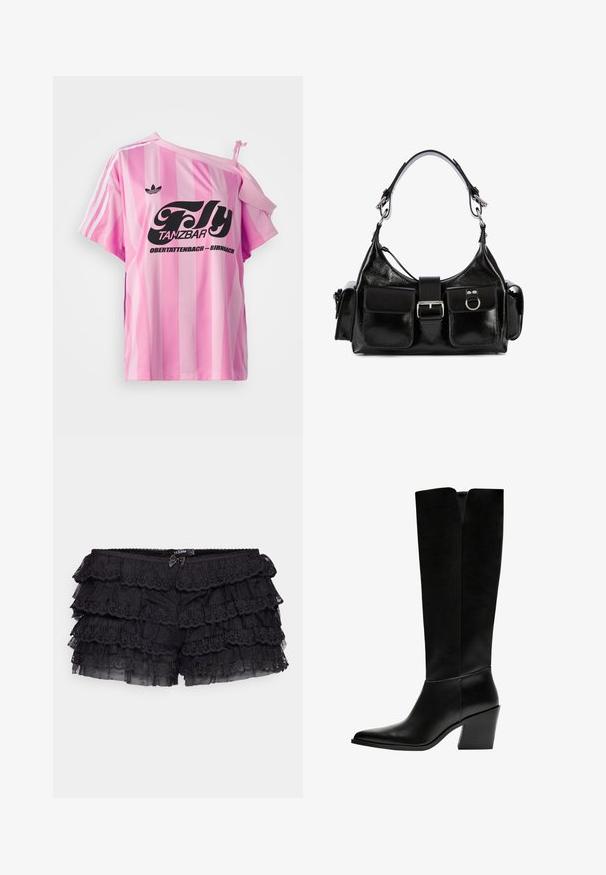 Ružový pruhovaný tričko s jedným odhaleným ramenom, s čiernym grafickým textom "Fly TANZBAR Obertattenbach – Birnbach" a tromi bielymi pruhmi na rukávoch.; Jaded London BLOOMER SHORTS - Šortky - black; Čierne vysoké čižmy vyrobené z hladkej kože, s ostrou špičkou, blokovým podpätkom a V-čkovým výrezom na vrchu.; Čierna kožená kabelka s lesklým povrchom, obsahujúca centrálnu pracku, dva predné vrecká a krátky ramenný popruh.