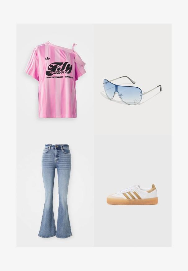 Vaaleanpunainen raidallinen t-paita, jossa on yksi olka paljaana. Paidassa on musta graafinen teksti "Fly TANZBAR Obertattenbach – Birnbach" ja kolme valkoista raitaa hihoissa.; Vaaleansiniset korkeavyötäröiset farkut, joissa on levenevät lahkeet, etupainike ja taskut, esillä valkoisella taustalla.; Valkoiset tennarit, joissa on vaaleanbeigejä yksityiskohtia, joissa on kolme raitaa, pyöreä kärki ja läpinäkyvä kumipohja. Valmistettu sileästä nahasta ja tekstiilimateriaaleista.; Aviator-mallin aurinkolasit, jotka ovat varustettu gradienttisilla sinisillä linsseillä, hopeisella metallikehyksellä ja koristeellisilla tähtikoristeilla linsseissä. Joustava ja viehättävä muotoilu.