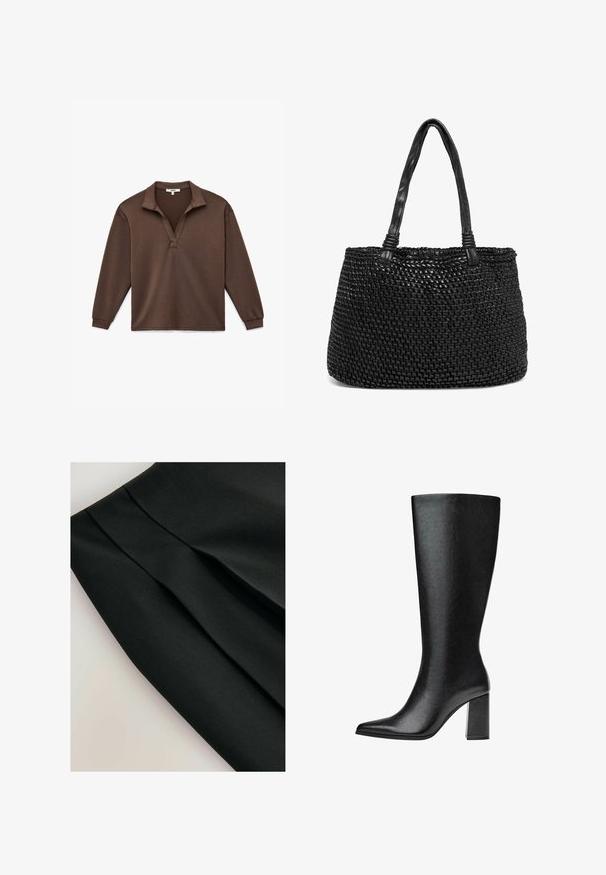 Brun langærmet polo skjorte med en afslappet krave og en uden knapper placket, lavet af blødt, tekstureret stof.; Sort nederdel med plisseringer, lavet af et glat stof. Har et enkelt design og tekstureret overflade, som understreger struktur og form.; Sorte knæhøje støvler lavet af imiteret læder med spids tå, glat tekstur og en chunky blokhæl. Minimalistisk design uden synlige detaljer.; Sort vævet tote taske med læderhåndtag. Teksturen har et fletdesign, der præsenterer en struktureret silhuet og holdbar finish.