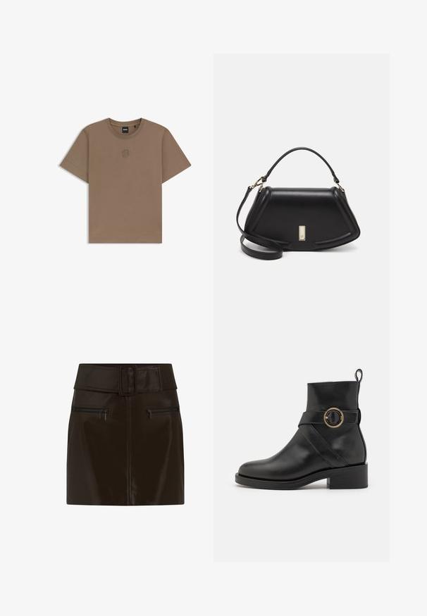 T-shirt in cotone marrone con maniche corte, colletto a girocollo ribbed e un piccolo logo ricamato sul petto. Tessuto liscio e vestibilità regolare.; Gonna mini in finta pelle marrone con una vita ampia, fibbia quadrata e due tasche laterali con zip. Texture liscia e lucida.; BOSS IRYNA BOOTIE - Stivaletti con plateau - black; Borsa a mano in pelle nera con un design strutturato, caratterizzata da una forma corta, manico superiore e accessori in metallo dorato. Inclusa tracolla regolabile.