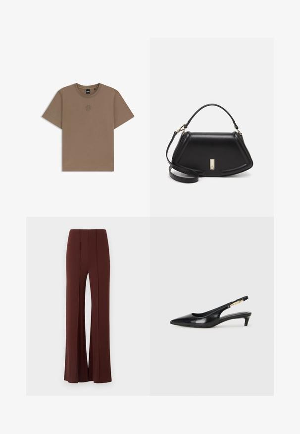 Braunes Baumwoll-T-Shirt mit kurzen Ärmeln, geripptem Rundhalsausschnitt und kleinem gesticktem Logo auf der Brust. Glatte Textur und reguläre Passform.; Braune weit geschnittene Hose mit hoher Taille, aus einem glatten Stoff, der an der Vorderseite über vertikale Nähte und einen sauber verarbeiteten Saum verfügt.; Schwarze Leder-Slingback-Pumps mit spitzem Schuhblatt, ausgestattet mit einem schlanken Absatz und einem goldfarbigen Akzent am verstellbaren Riemen. Glatte Textur.; Schwarze Lederhandtasche mit einem strukturierten Design, das eine verkürzte Form, einen oberen Griff und goldfarbene Hardware-Details aufweist. Verstellbarer Schulterriemen ist enthalten.