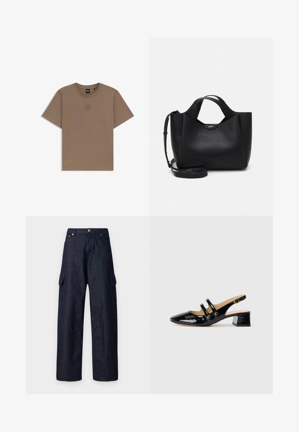 Brązowa bawełniana koszulka z krótkim rękawem, z prążkowanym dekoltem w serek i małym haftowanym logo na piersi. Gładka tekstura i regularny krój.; Ciemnoniebieskie spodnie cargo o szerokich nogawkach, z dwoma bocznymi kieszeniami, z zapięciem na guzik oraz wytrzymałą fakturą materiału.; Czarne lakierowane buty typu slingback z wystającym czubkiem, z dwoma paskami, złotymi okrągłymi akcentami i niskim blokowym obcasem.; Czarna skórzana torebka o teksturowanym wykończeniu, kanciastej formie, z podwójnymi uchwytami i regulowanym paskiem na ramię. Posiada akcent z logo DKNY.