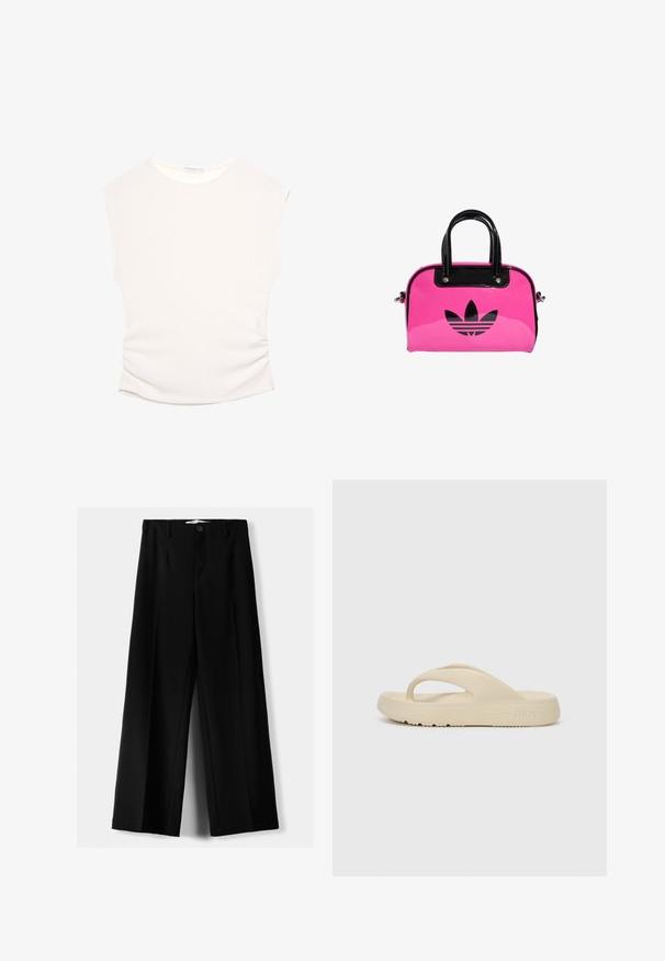 Lahki, kremni top z kratkimi rokavi, okroglim izrezom in nabranimi detajli ob strani za prilegajočo silhueto.; Črne široke hlače iz lahkega materiala, z zapiranjem na gumb spredaj in ravnim sprednjim delom, s skrbno zašiti robovi.; Bež sandala na flip-flop, izdelana iz gume, z enim prstnim trakom in debelim podplatom s protidrsnim vzorcem. Oznaka z logotipom Fila.; Roza patentna torbica z črnim logotipom in ročaji, zaokrožene oblike in z zadrgo. Sijajna tekstura povečuje vidljivost.