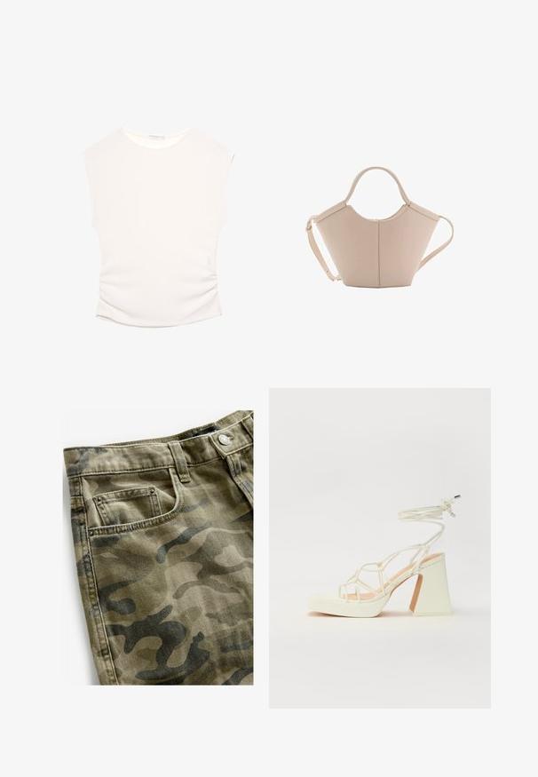 Lekka, kremowa bluzka z krótkim rękawem, okrągłym dekoltem i marszczeniami po bokach, które nadają dopasowany sylwetkę.; Next - Szorty jeansowe; Biała sandał na wysokim obcasie z masywnym słupkiem, z paskowym wzorem i wiązaniem przy kostce. Gładka faktura z platformą z przodu dla dodatkowej wysokości.; Beżowa skórzana torebka o unikalnym kształcie, z dwoma krótkimi uchwytami i długim, regulowanym paskiem. Gładka tekstura z minimalną ilością elementów metalowych.; Złote metalowe kolczyki w formie połączonego abstrakcyjnego owalnego wzoru z polerowanym wykończeniem i otwartymi elementami wyciętymi.