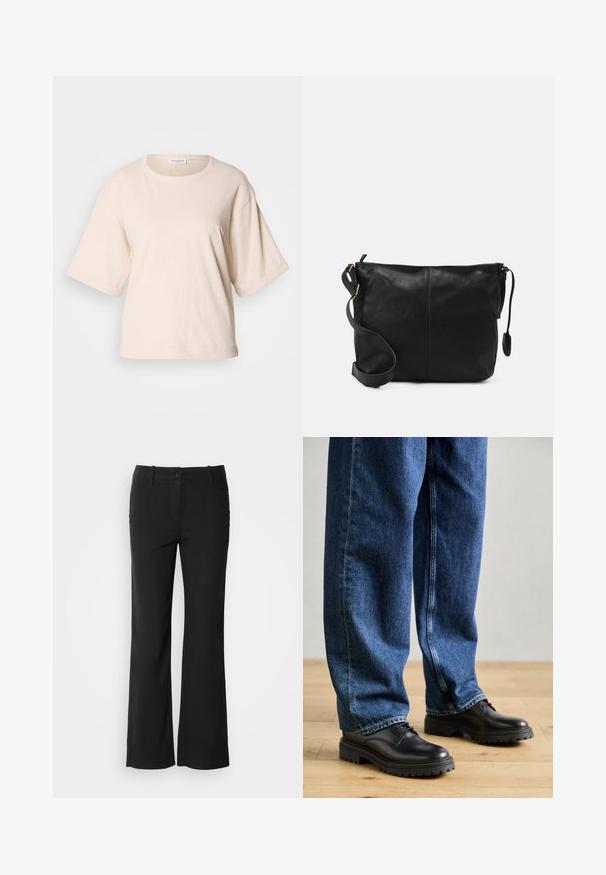 Gai bēšas īsām piedurknēm t-krekls, izgatavots no mīkstas kokvilnas. Ar apaļu kakla izgriezumu un brīvu piegriezumu ar sarullētām piedurknēm. Minimālisma dizains.; Melni kokvilnas auduma bikses ar taisnu kāju dizainu, priekšējo pogu aizdari un divām sānu kabatām. Gluda tekstūra, bez redzamām rakstu zīmēm.; Melnas ādas kurpes ar noapaļotu pirkstu, saistāmu dizainu un biezām, teksturētām gumijas zolēm, kombinētas ar brīvi pieguļošām zils džinsu biksēm.; Melnas ādas plecu soma ar platu formu, ar zelta aksesuāriem un regulējamu siksnu. Gluda tekstūra ar minimāliem šuvju detaļām.