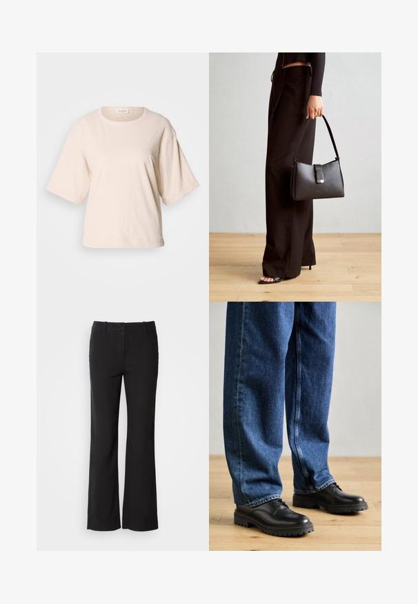 Svetlo béžové tričko s krátkym rukávom, vyrobené z mäkkého bavlneného materiálu. Má okrúhly výstrih a voľný strih s prehnutými nápletmi. Minimalistický dizajn.; Čierne nohavice z bavlneného zmesového materiálu s rovnými nohavicami, predným zapínaním na gombík a dvoma bočnými vreckami. Hladká textúra, žiadne viditeľné vzory.; Čierne kožené topánky s okrúhlou špičkou, šnurovacími detailmi a hrubou, textúrovanou gumovou podrážkou, skombinované s voľne strihanými modrými džínsami.; Čierna kabelka so štruktúrovaným tvarom, hladkou textúrou a kovovou sponou. V kombinácii so širokými čiernymi nohavicami a sandálmi s otvorenou špičkou na drevenej podlahe.