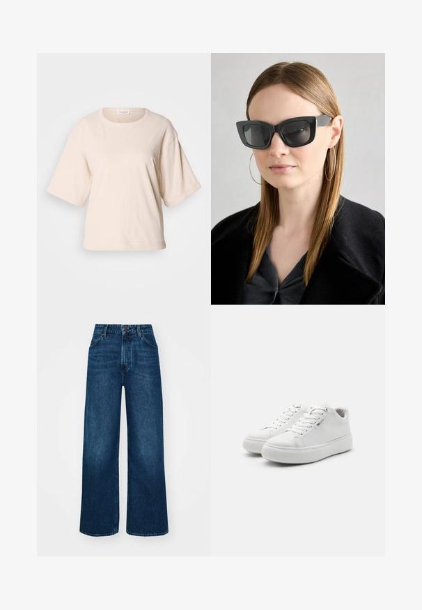 Svetlo béžové tričko s krátkym rukávom, vyrobené z mäkkého bavlneného materiálu. Má okrúhly výstrih a voľný strih s prehnutými nápletmi. Minimalistický dizajn.; Džíny s vysokým pásom a širokými nohavicami v tmavomodrom denime so hladkou textúrou, kontrastným prešívaním a dizajnom so piatimi vreckami. Predné zapínanie na gombík.; Biele nízkoprofilové tenisky s hladkým plátnovým vrchom, okrúlou špičkou a hrubou gumovou podrážkou. Majú šnurovací predok a minimalistický dizajn.; Čierne mačacie slnečné okuliare s tmavými sklami, hrubými obručami a jemnými detailami. Nosí sa s čiernym kabátom a sivým topom, pričom má dlhé rovné vlasy.; Hedvábný šátek v námořnické modři a bílé s geometrickým zigzagovým vzorem. Hladká textura, úhledně uvázán kolem krku, doplňuje žebrovaný top.