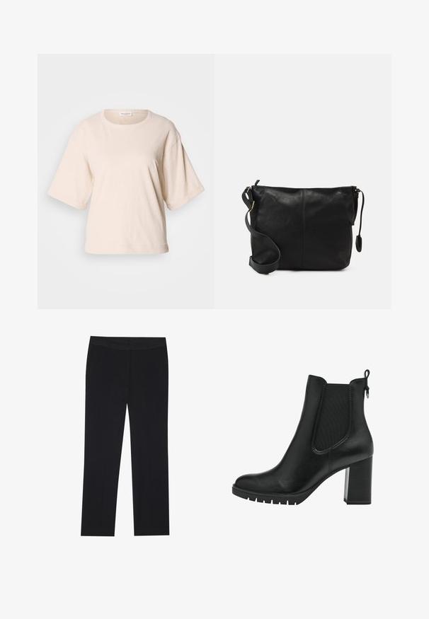Camiseta de manga corta color beige claro, hecha de algodón suave. Presenta un escote redondo y un corte holgado con puños enrollados. Diseño minimalista.; Pantalones negros con un diseño de pierna recta, que cuentan con bolsillos laterales y una textura de tela suave. Detalles mínimos y cinturilla limpia.; Tamaris CHELSEA - Botines con plataforma - black; Bolso cruzado de cuero negro con forma plana, acentos de hardware dorado y correa ajustable. Textura suave con detalles de costura mínimos.