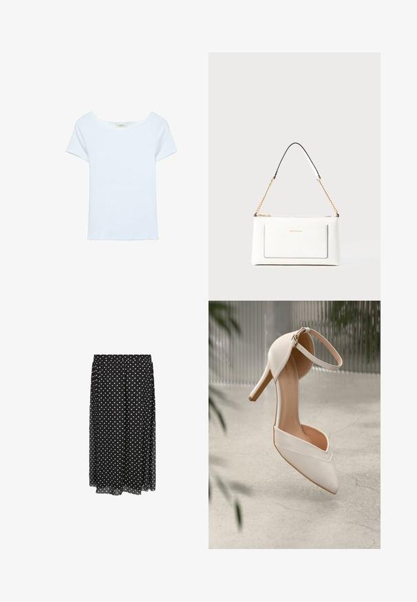Weißes T-Shirt aus Rippstoff, mit weitem Rundhalsausschnitt und kurzen Ärmeln. Einfaches Design ohne Muster oder Akzente.; Schwarzer Rock mit Pünktchen aus leichtem Stoff, mit elastischem Bund, ausgestattet mit weißen Punkten in einem einheitlichen Muster und gesäumtem unteren Saum.; Weiße High Heels aus glattem Material mit spitzem Schuhschild und Knöchelriemen. Mit einem hellbraunen Innenleben und goldfarbener Hardware-Akzentuierung.; Weißes Lederhandtasche mit strukturierter Oberfläche, ausgestattet mit einem goldenen Kettenriemen und schwarzen Akzenten. Enthält eine Fronttasche und einen Reißverschluss.