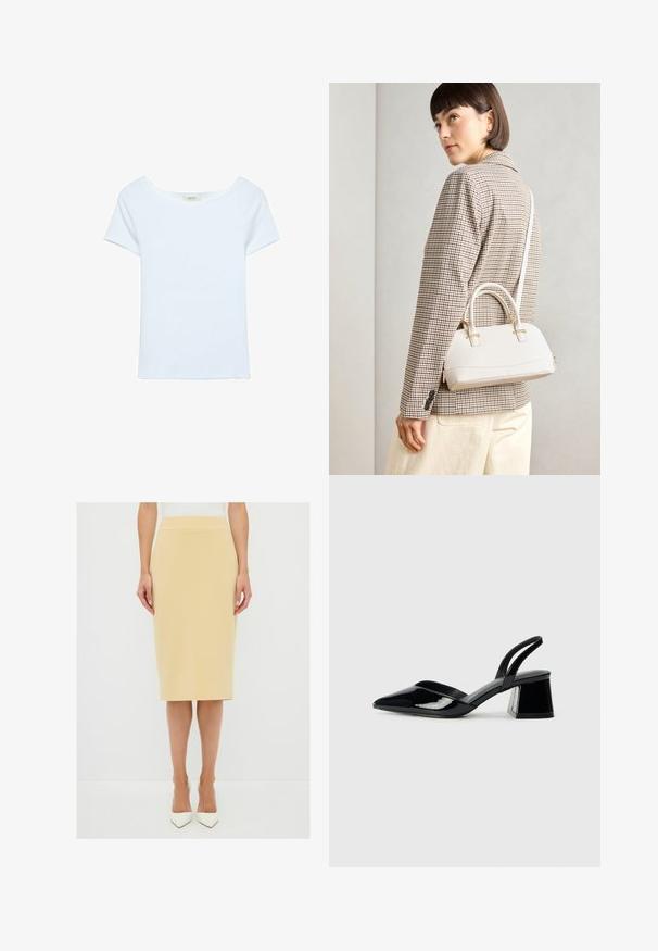 T-shirt blanc en tissu ribbé, avec un large col en scoop et des manches courtes. Design simple sans motifs ni accents.; adL WITH BACK ZIPPER - Jupe crayon - yellow; Escarpins en cuir verni noir avec bout pointu et talon bloc géométrique. Présente un design élégant et minimaliste ainsi qu'une texture lisse.; Sac à main structuré blanc avec de courtes poignées et une bandoulière, doté de accents en métal doré et d'un matériau texturé, présenté sur un fond gris.