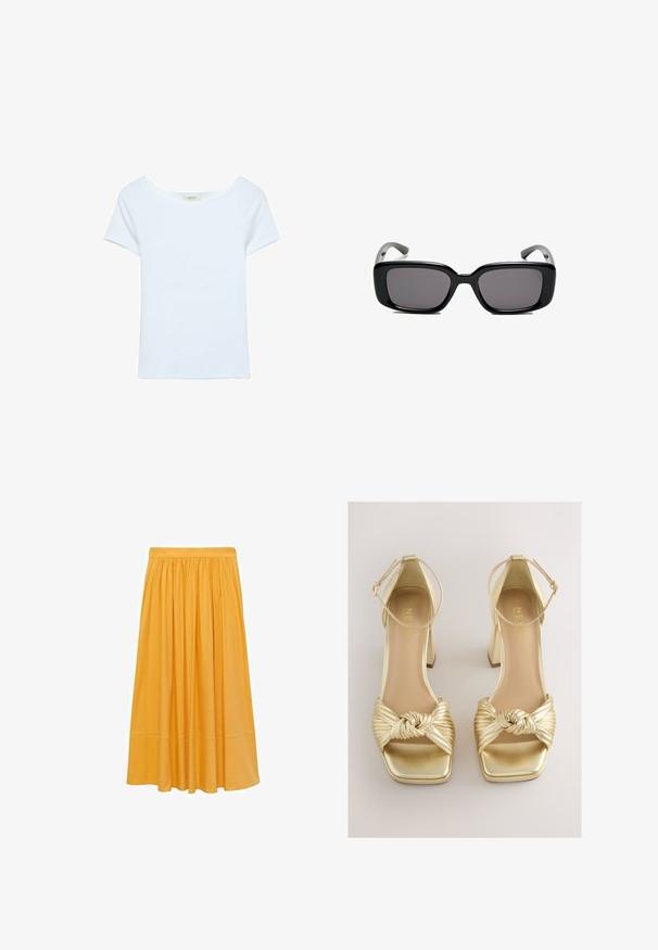 Bijela majica od rebrastog materijala, sa širokim izrezom i kratkim rukavima. Jednostavan dizajn bez uzoraka ili akcenta.; Suknja midi dužine u senfu žutoj boji, izrađena od lagane tkanine, sakupljenog struka i lepršavim siluetom, s glatkom teksturom i suptilnim sjajem.; Zlatne sandale na petu sa dizajnom remena uvoženog čvora i nabrane teksture, četvrtastim vrhom i remenom oko gležnja s metalik završetkom. Glatka tekstura, blok peta.; Crne pravokutne sunčane naočale s tamnim lećama, glatkim plastičnim okvirom i zakrivljenim državama. Dizajn je masivan s minimalističkom estetikom.; Bijela strukturna torba s kratkim ručkama i remenom za rame, s zlatnim metalnim detaljima i teksturiranim materijalom, prikazana na sivoj pozadini.