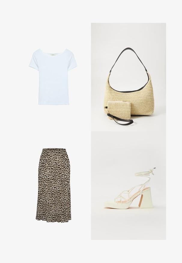 Hvid t-shirt lavet af ribbet stof, med en bred scoop neckline og korte ærmer. Enkel design uden mønstre eller decorationer.; Leopardmønstret nederdel lavet af let materiale, med elastisk talje og en svajet silhuet, der strækker sig til midt på læggen.; Hvide højhælede sandaler med en kraftig hæl, der har et stropdesign og ankelbinding. Glat tekstur med en platform foran for ekstra højde.; Vævet stråhåndtaske med en buet silhuet, der har en glat sort læderrem og en matching lille pung, der er fastgjort med en håndledsrem.