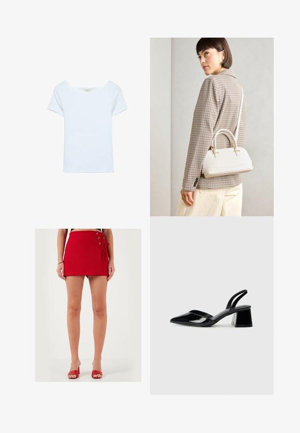 T-shirt blanc en tissu ribbé, avec un large col en scoop et des manches courtes. Design simple sans motifs ni accents.; Mini jupe rouge en tissu doux, avec des détails de laçage sur le côté avec des œillets en métal. Coupe droite et texture lisse, portée avec des sandales à talons rouges.; Escarpins en cuir verni noir avec bout pointu et talon bloc géométrique. Présente un design élégant et minimaliste ainsi qu'une texture lisse.; Sac à main structuré blanc avec de courtes poignées et une bandoulière, doté de accents en métal doré et d'un matériau texturé, présenté sur un fond gris.