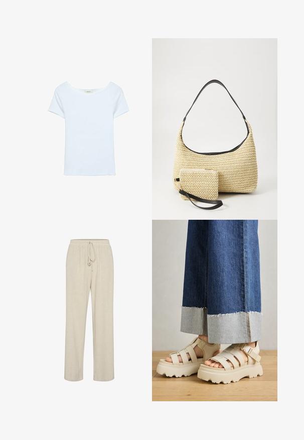 Biele tričko vyrobené z rebrovanej látky, so širokým výstrihom a krátkymi rukávmi. Jednoduchý dizajn bez vzorov alebo akcentov.; Béžové ľanové nohavice s elastickým pásom a nastaviteľným šnúrkovým uzáverom, s rovnými nohavicami a jemnou textúrou.; Béžové platformové sandále s hrubými podrážkami majú pruhovaný dizajn a nastaviteľné popruhy okolo členka. Nosené sú s džínsovými nohavicami s širokými nohavicami, pri ktorých je jeden lem rozstrapkaný.; Tkaná slamenná kabelka s prehnutým siluetom, vybavená hladkým čiernym koženým popruhom a zodpovedajúcou malou taštičkou pripevnenou pomocou zápästného popruhu.