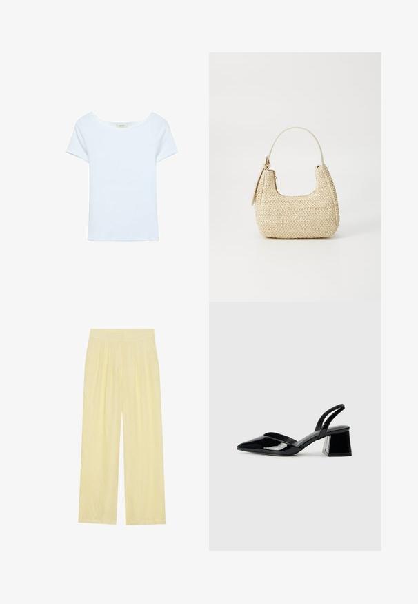 Bílá tričko vyrobené z žebrované látky, s širokým výstřihem a krátkými rukávy. Jednoduchý design bez vzorů nebo akcentů.; Světlé žluté široké kalhoty vyrobené z texturované látky, s vpleteným předním dílem a vysokým elastickým pasem.; Černé lakované kožené lodičky na pásku s špičatou špičkou a geometrickým blokovým podpatkem. Vyznačují se elegantním, minimalistickým designem a hladkým povrchem.; Tkaná slámová kabelka v béžové barvě s zakřiveným tvarem, krátkým držadlem a bočním zipem. Vyznačuje se texturovaným povrchem a minimalistickým designem.