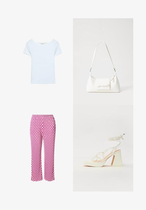 Valkoinen t-paita ribbikankaasta, jossa on leveä pyöreä pääntie ja lyhyet hihat. Yksinkertainen malli ilman kuvioita tai koristeita.; Vaaleanpunaiset ja valkoiset ruudulliset housut, joissa on joustava vyötärö, lyhyt pituus ja hieman nyrhitty helma. Valmistettu kevyestä, muotoillusta kankaasta.; Valkoinen korkokenkä, jossa on paksu korko, ja joka sisältää nauhakiinnityksen ja nilkkaketjun. Sujuva pinta, jossa on platform-etupohja lisäkorkeutta varten.; Valkoinen synteettinen käsilaukku, jossa on kolmikulmainen muoto, tasainen etu läppä ja nauhadetail, säädettävä olkahihna, sileä rakenne ja minimalinen muotoilu.