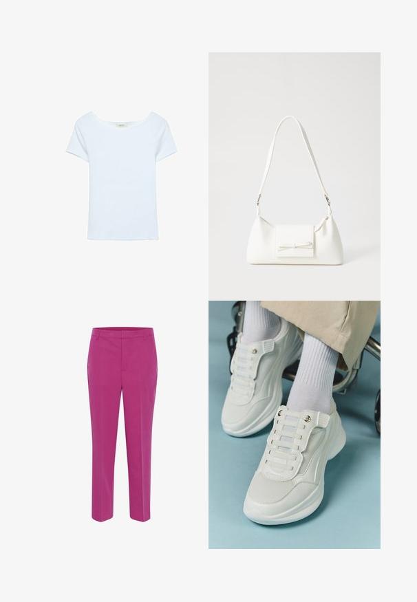 Hvid t-shirt lavet af ribbet stof, med en bred scoop neckline og korte ærmer. Enkel design uden mønstre eller decorationer.; Kaffe KASAKURA - Chino - festival fuchsia; Hvide sneakers med mesh-materiale, gummisål, snørebåndsfri design med elastiske bånd og guldtonede accenter.; Hvid syntetisk håndtaske med en trekantet form, flad forsideklap og sløjfedetalje, justerbar strop, glat tekstur og minimalistisk design.