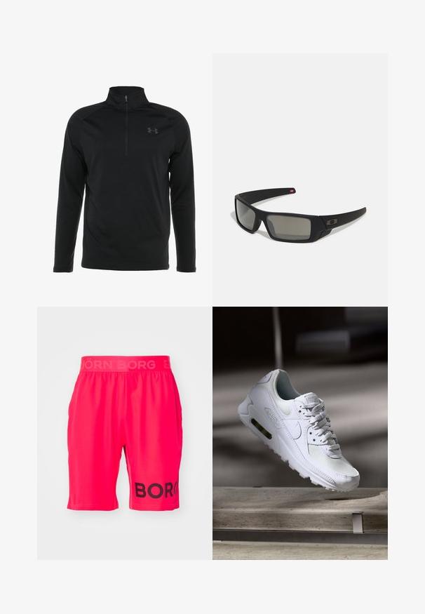 Mustat pitkähihainen puuvillapusero, jossa on puoliveto-kaulus. Se on valmistettu sileästä, joustavasta kankaasta ja siinä on hillitty logo rinnassa.; Björn Borg SHORTS - Urheilushortsit - diva pink; Valkoiset Nike Air Max 90 -lenkkarit, joissa on verkko- ja nahkapinta, rei'itetty kärki ja näkyvä ilmayksikkö kantapäässä.; Mustat aurinkolasit matta-pinnalla, suorakulmaiset linssit, hieman kaarevat tempaukset, hienovarainen logo-yksityiskohta ja savunväriset linssit.