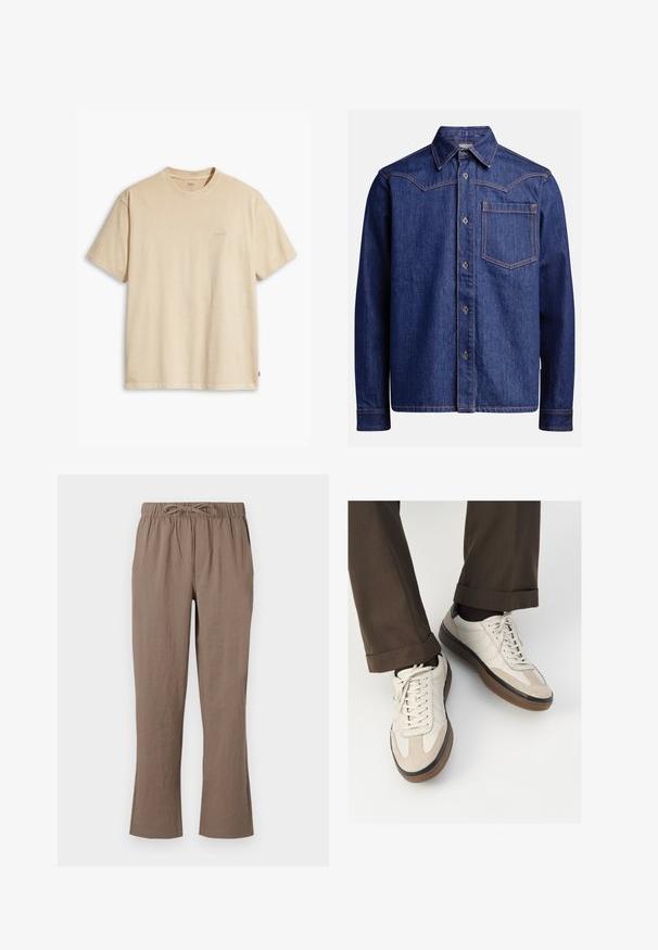 T-shirt en coton beige avec un col rond et des manches courtes. Présente un logo "Levi's" subtil de la même couleur sur la poitrine. Texture douce.; Chemise en denim bleu foncé à manches longues, avec col pointu, fermeture à boutons, poche poitrine et coutures orange contrastantes.; Pantalons en coton marron avec une taille à cordon de serrage, une coupe large et une légère évasement aux chevilles ; texture lisse et sans motifs apparents.; Baskets beiges avec un devant en suède texturé, côtés en cuir lisse et semelle en caoutchouc brun. Lacets et détails de couture légère inclus.