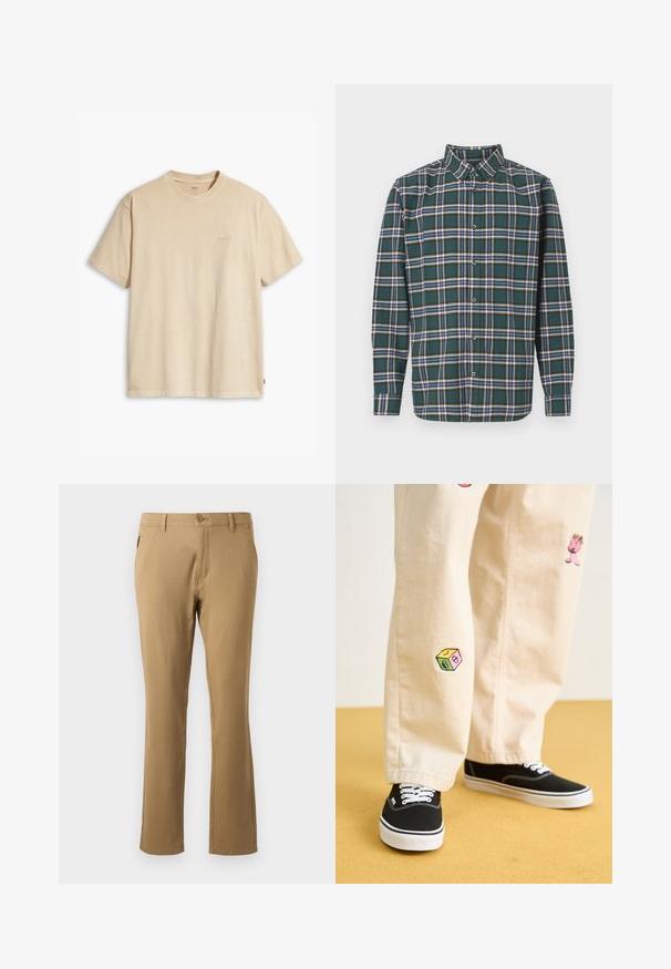 T-shirt in cotone beige con collo rotondo e maniche corte. Presenta un sottile logo "Levi's" dello stesso colore sul petto. Tessuto morbido.; Camicia di flanella verde con un motivo a quadri che presenta righe blu, bianche e giallo senape. Chiusura con bottoni e colletto punta. Maniche lunghe.; Chinos beige con un design a gamba dritta, realizzati in cotone, caratterizzati da una chiusura anteriore con un solo bottone e tasche laterali. Tessuto liscio.; Pantaloni di cotone beige con divertenti ricami che includono un personaggio rosa e un blocco colorato, abbinati a sneaker nere con lacci.