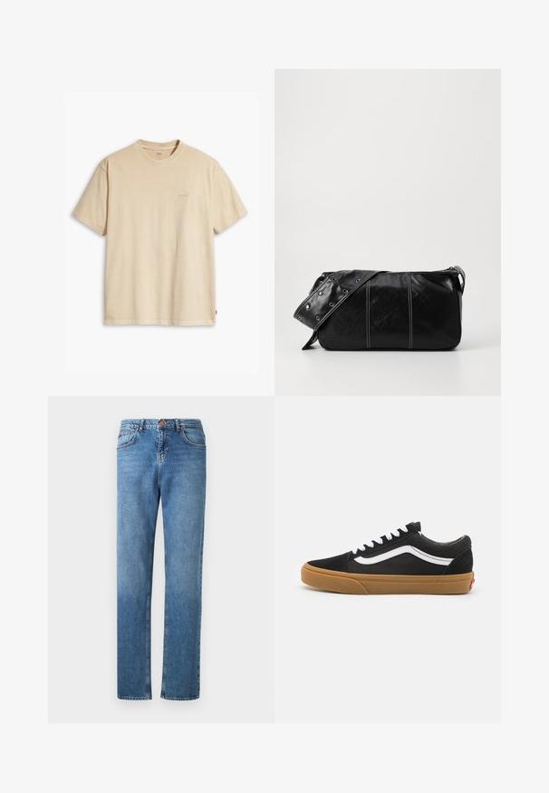 Beige puuvillane T-särk ümmarguse kaeluse ja lühikeste varrukatega. Rinnal on peene "Levi's" logo samas värvis. Pehme tekstuur.; Heledad sinine teksapüksid sirge sääre disainiga, viie tasku, vöökohakinnitus ja topeltõmblused õmbluste ääres.; Mustad nubukist sneakerid valge külgriba, valged paelad ja kummi kummipõhi. Klassikaline madal disain tekstuursete aktsentidega ja ümar peatoe.; Must mustra nahkainine õlakott, millel on tõmblukk, tekstureeritud pind, valged õmblused ja rihm hõbedaste rõngastega.