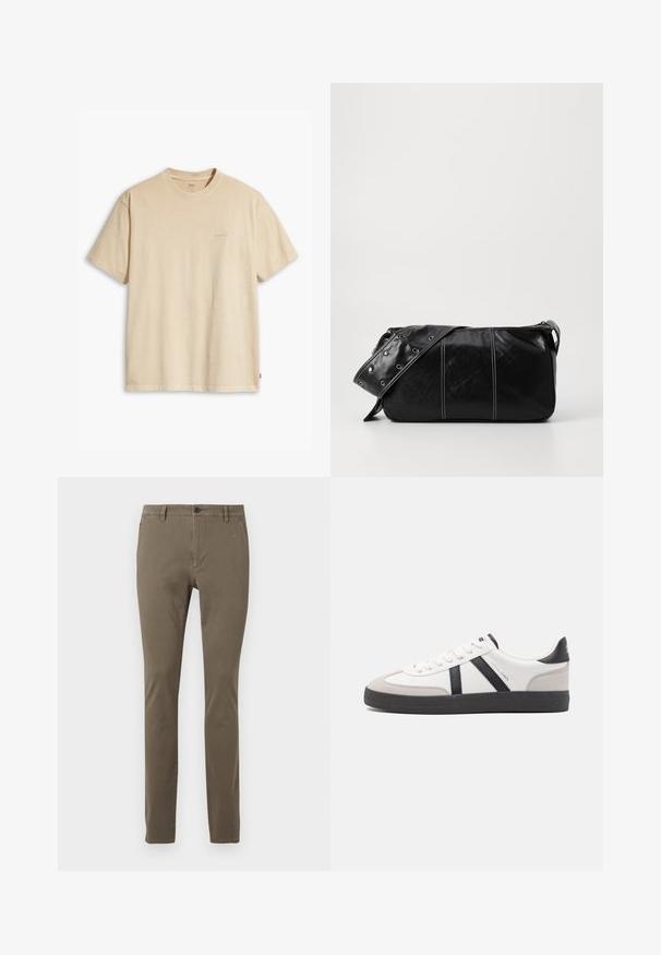 Beżowa bawełniana koszulka z okrągłym dekoltem i krótkimi rękawami. Ma subtelne logo "Levi's" w tym samym kolorze na piersi. Miękka w dotyku.; Slim-fit chabrowe spodnie z pętelkami na pasek, przednim guzikiem, zapięciem na zamek błyskawiczny oraz bocznymi kieszeniami, zaprezentowane na białym tle.; Białe sneakersy z czarnymi i szarymi akcentami, z teksturowanym szarym czubkiem, czarną gumową podeszwą i płaskimi białymi sznurowadłami. Czysty design, minimalistyczny styl.; Czarna skórzana torba na ramię z zamkiem błyskawicznym, charakteryzująca się teksturowanym korpusem, białymi przeszyciami oraz paskiem z srebrnymi osłonkami.
