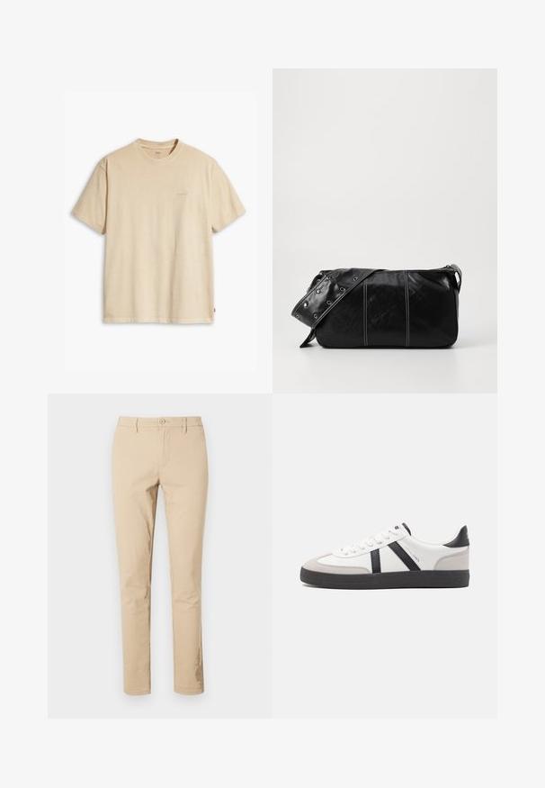 Bežs kokvilnas T-krekls ar apaļu apkakli un īsām piedurknēm. Priekšpusē ir smalka "Levi's" logo tajā pašā krāsā. Mīksta tekstūra.; Beige kokvilnas bikses ar klasisku piegriezumu, ar rāvējslēdzēju un pogu aizdari, jostu cilpiņām un tīru apakšmalu. Nav redzamu rakstu vai akcentu.; Baltas sneakeris ar melniem un pelēkiem akcentiem, kuram ir teksturēts pelēks purngals, melna gumijas zole un plakanas baltas šņores. Tīrs dizains, minimālisma stils.; Melnas ādas plecu soma ar rāvējslēdzēja aizdari, ar teksturētu virsmu, baltu dūrienu un siksnu ar sudraba iekavām.