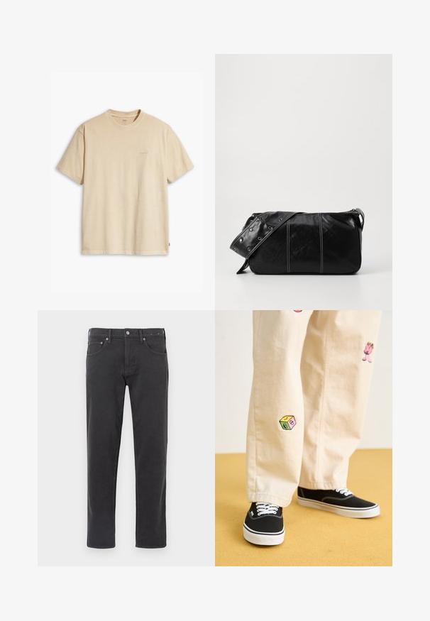 T-shirt de algodão bege com decote redondo e mangas curtas. Apresenta um discreto logo "Levi's" na mesma cor no peito. Textura suave.; Jeans de ganga pretos com um corte reto, apresentando um botão e fecho com zip, estilo de cinco bolsos e detalhes de costura discretos.; Calças de algodão bege com desenhos bordados divertidos, incluindo uma personagem rosa e um bloco colorido, combinadas com sapatilhas pretas de atacadores.; Bolsa de ombro em couro preto com fecho em zíper, apresentando um corpo texturizado, costura branca e uma alça com ilhós prateados.