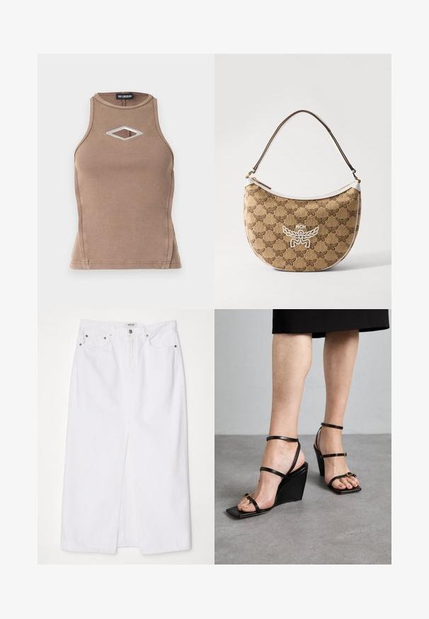 Brown ribbed tank top featuring a sleeveless design, round neckline, and a diamond cut-out with silver hardware detail.; White denim skirt featuring a front slit, five-pocket design, metal button and zipper closure, and stitched hem details.; Wandler GAIA STRAPPY - Wedge sandals - black; Beige shoulder bag with a brown logo pattern, white accents, and a curved shape. Features a brown strap and a zip closure.