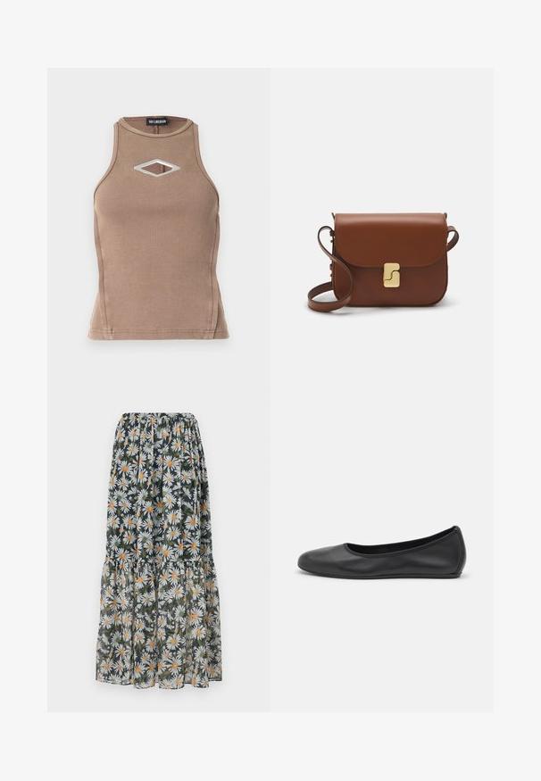 Ruskotoinen ribattuja tankkitoppi, jossa on hihaton muotoilu, pyöreä kaula-aukko ja timanttileikkaus hopeisella yksityiskohdalla.; Pitkähihainen kukkamekko, jossa on tumma tausta ja valkoisia päivänkakkaroita oransseilla keskustalla. Kootut vyötärö ja kerroksellinen muotoilu, jossa on läpikuultava pinta.; Musta nahkainen ballerina, jossa on pyöristetty kärki, sileä pinta, minimaalinen ommelkoristelu ja joustava pohjamuotoilu.; Ruskea nahkainen käsilaukku, jossa on läppäkiinnitys, kultasävyiset yksityiskohdat, olkahihna ja sileä pinta. Kompaktin suorakaiteen muotoinen.