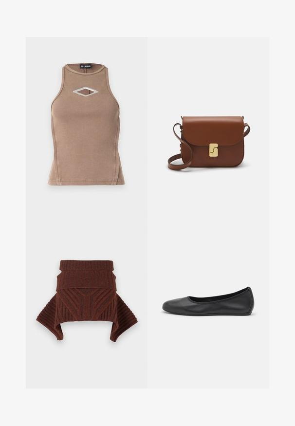 Hnedý rebrovaný top bez rukávov s okrúhlym výstrihom a briliantovým výrezom so striebornou kovovou detailou.; Hnedý pletený sveter s rebrovanou textúrou, štruktúrovanými ramenami a vysokým golierom. Dizajn obsahuje geometrické vzory a raglánové rukávy.; Čierne kožené baleríny s okrúhlou špičkou, hladkým povrchom, minimálnym prešívaním a flexibilným dizajnom podrážky.; Hnedá kožená kabelka s klopou, zlatými kovovými prvkami, ramenným popruhom a hladkým povrchom. Kompaktný obdĺžnikový tvar.