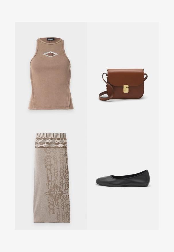 Barna bordázott ujjatlan top, kerek nyakkivágással és gyémánt alakú kivágással, ezüstszínű részletekkel.; Könnyű barna kötött szoknya mintás derékkal és textúrált testtel, finom csíkozással és díszítő elemekkel.; Fekete bőr balettcipő lekerekített orral, sima tekstúrával, minimális varrással és rugalmas talp kialakítással.; Barna bőr kézitáska, hajtókás zárással, arany színű fém kiegészítőkkel, vállpánttal és sima felülettel. Kompakt téglalap alakú.